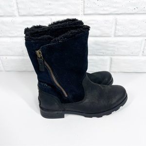 SOREL Emelie Black Leather Suede Boots | Sherpa Side Zip